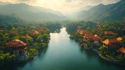 Fototapeta premium Sunrise over tranquil Vietnamese village, river, mountains