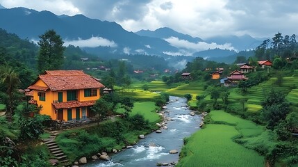 Fototapeta premium Mountain village riverside house misty landscape travel brochure