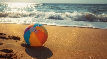 Obraz premium colorful beach ball rests on sandy shore, with gentle waves lapping at beach. vibrant colors contrast beautifully with golden sand and sparkling ocean