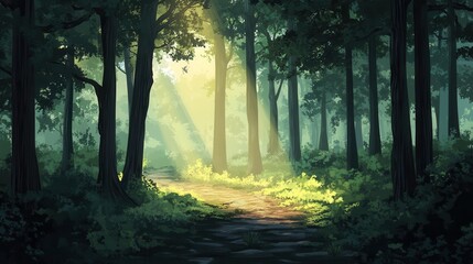 Obraz premium Sunlit Path Through A Lush Green Forest
