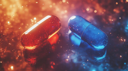 A thought-provoking choice between the red and blue pills symbolizing the tension between truth and illusion, belief and reality, right and wrong, with a blurred caption space for interpretation

