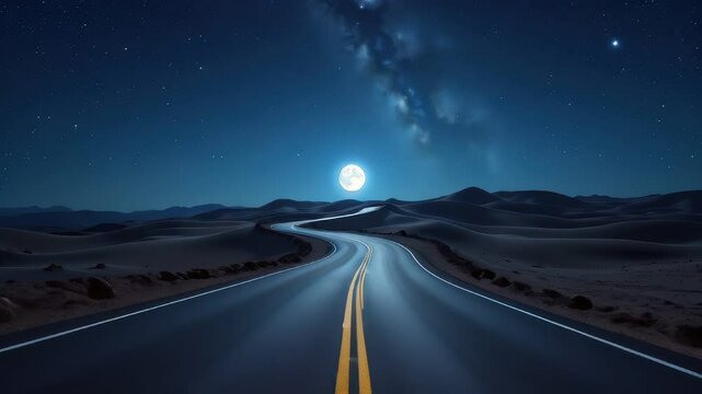 Arafed road in the middle of a desert with a full moon in the sky