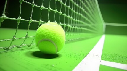 close up of bright green tennis ball near net on vibrant court, capturing essence of game and excitement of sports