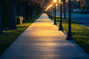Illuminated walkway, trees, evening light, grassy borders.