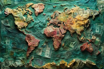 Map crafted from various currencies showcases global geography through artistic representation of continents and countries using banknotes