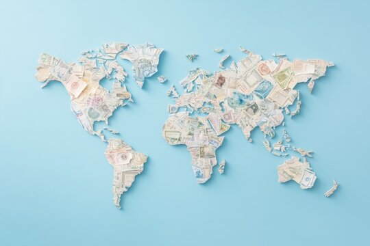 Map crafted from various currencies representing different countries and regions around the world, showcasing intricate details and vibrant colors against a light blue background