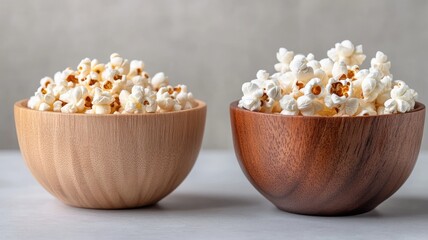 Two bowls filled with fresh popcorn on gray surface