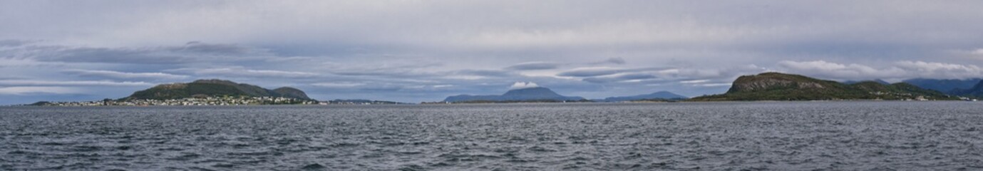 Coastline Fjord views from Alesund, Norway from hiking trail above the city, travel scenery Scandinavia Europe