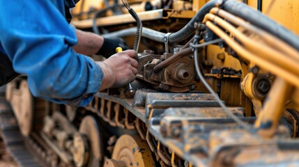 A detailed shot of a heavy equipment mechanic repairing a bulldozer engine on a construction site, Machinery maintenance scene, Mechanical expertise style