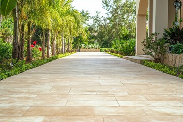 Fototapeta premium Stone path, tropical landscaping, building facade.