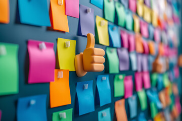 3d rendering of a thumbs-up emoji surrounded by colorful sticky notes on an office wall, symbolizing positive feedback and success.