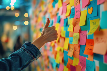 Woman showing thumbs-up while planning and organizing work using colorful sticky notes on a creative office board.