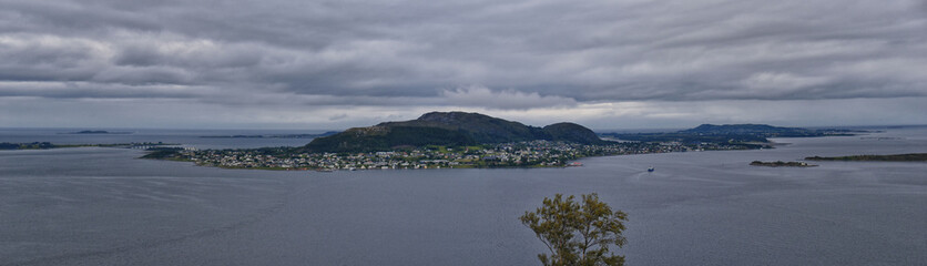 Coastline Fjord views from Alesund, Norway from hiking trail above the city, travel scenery Scandinavia Europe