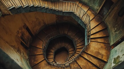 Aged spiral staircase, weathered walls, decaying structure.