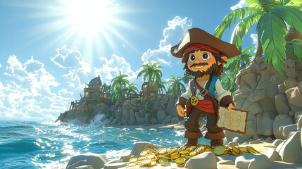 Fun 3d cartoon of a Pirate discovering a hidden treasure