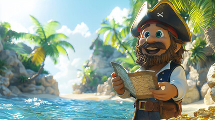 Fun 3d cartoon of a Pirate discovering a hidden treasure