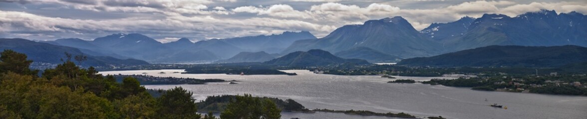 Coastline Fjord views from Alesund, Norway from hiking trail above the city, travel scenery Scandinavia Europe