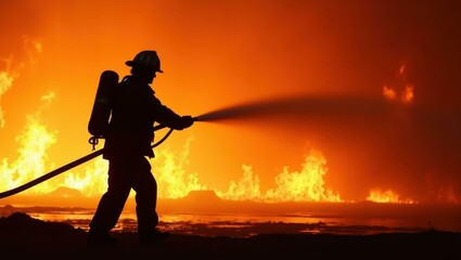 A firefighter silhouetted against the backdrop of a raging fire spraying water from a hose, Professional stock photo, AI generated photograph
