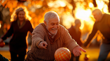 Fototapeta premium Bocce Ball Game Among Seniors in Park Under Golden Sunshine