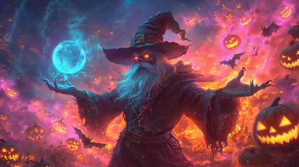 A wizard in a hat conjures mystical energy amidst a vibrant halloween-themed background filled with glowing pumpkins. Moonspire. Illustration