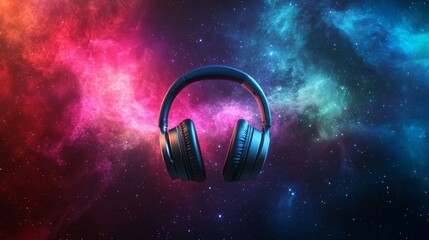 Wireless headphones hover in a vibrant nebula, blending music and cosmic imagery, suggesting a universal language of sound resonating through the galaxy
