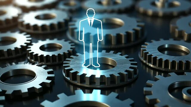 In a modern industrial design, interlocking gears with reflective surfaces rotate smoothly, centering on a businessman icon radiating determination.
