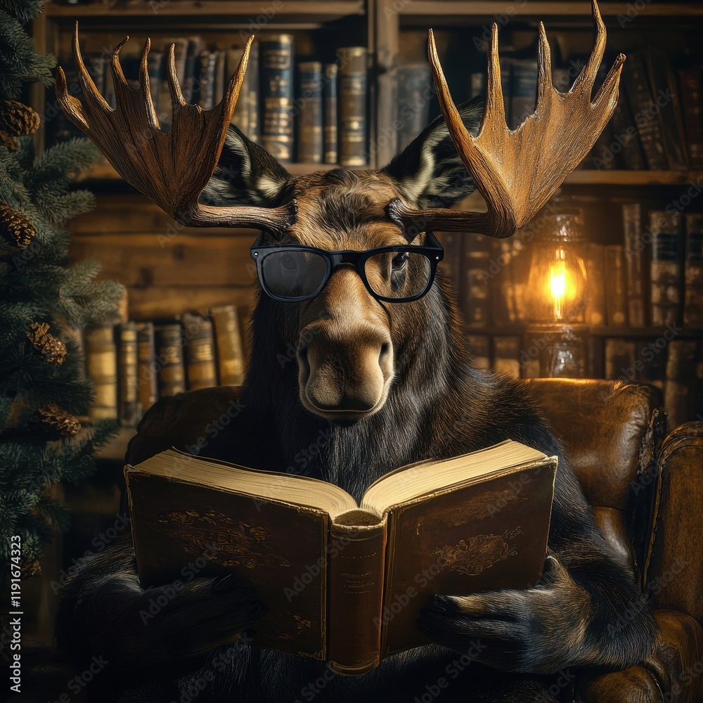Poster moose wearing reading glasses enjoys a book in a vintage library filled with classic literature and 