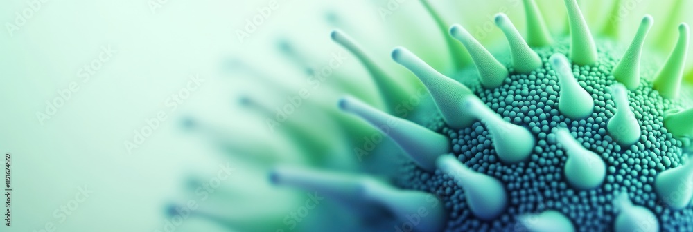 Poster Graphical representation of a virus showcasing distinct features and minimalistic design elements in a soft color palette. Generative AI