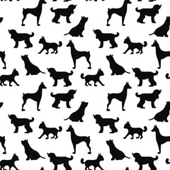 Vector seamless repeating childish pattern with cute dogs, cats in Scandinavian style. Animals background with dog, cat, pets, puppy for invitation, poster, card, flyer, textile, fabric.