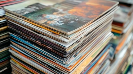 Stacked vintage periodicals, colorful covers.