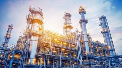 Industrial Plant at Sunset with Metallic Structures, Pipes, and Towers Reflecting Golden Light in Urban Landscape for Energy and Manufacturing Themes