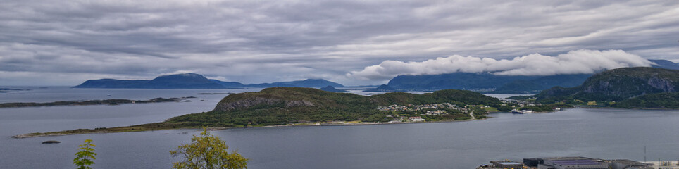 Fototapeta premium Coastline Fjord views from Alesund, Norway from hiking trail above the city, travel scenery Scandinavia Europe