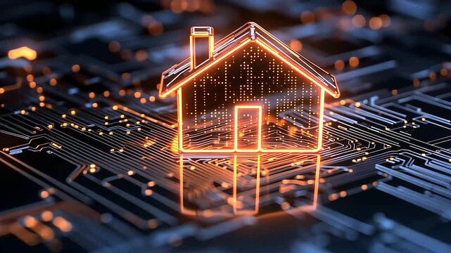 The central glowing house icon is surrounded by a shield with luminous circuit-board engravings, creating a futuristic display of home security.