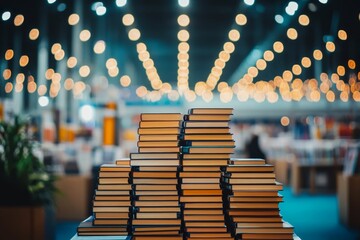 Many books stacked, blurred lights, bookstore background.