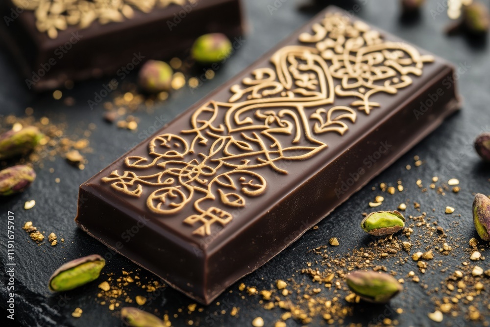 Aufkleber decadent chocolate bar filled with pistachio and adorned with intricate arabesque patterns. generati