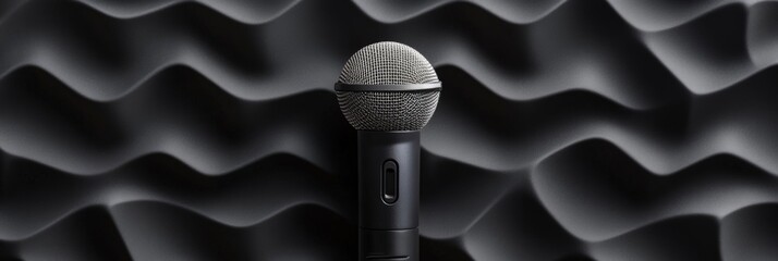 Professional microphone standing in front of sound absorbing acoustic foam paneling. Creating an...