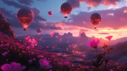 Obraz premium Surreal sunset landscape with hot air balloons floating over a field of pink flowers and mountains.