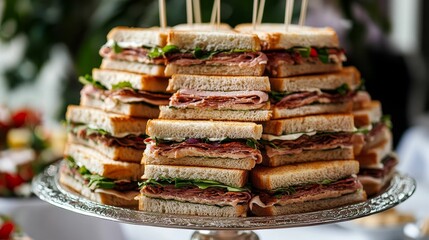 Meat sandwiches arranged on a silver platter.
