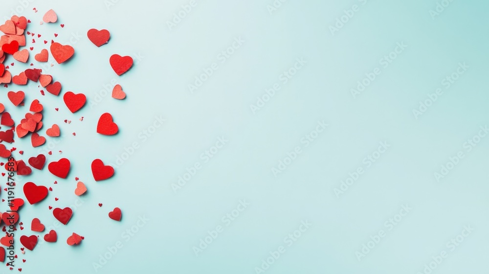 Aufkleber small red paper hearts forming a vertical line on a light blue surface, creating a simple yet elegan