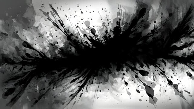 Abstract black ink splatter on a light background, creating a dynamic and artistic effect.