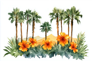 Obraz premium Watercolor illustration of tropical palm trees and vivid hibiscus flowers in desert landscape