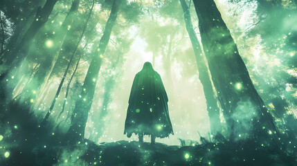 A cloaked figure conjures magic in a mystical forest, surrounded by an ethereal green glow. Moonspire. Illustration