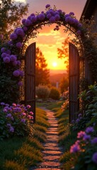Garden Archway with Purple Flowers and Stone Path at Sunset.Serenity. Romance. Tranquil Path Through Blooming Garden.Scenic Garden View for Event Promotions, Posters, Invitations