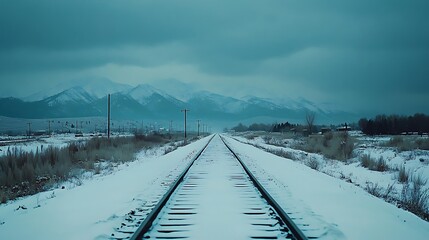 Snow Covered Railway Tracks Leading To Winter Mountains