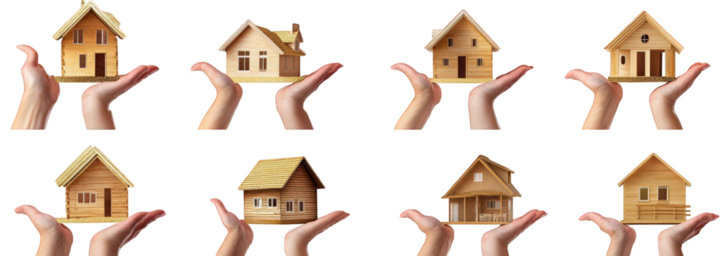various wooden house models being held in open hands. showcasing different architectural styles the arrangement suggests a focus on housing concepts. possibly for a real estate or construction theme