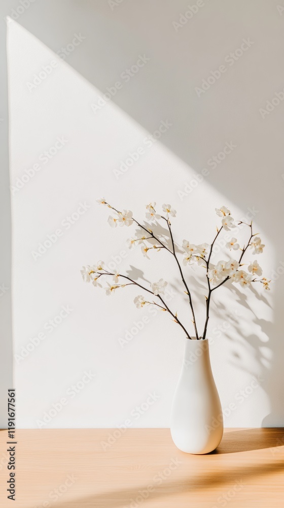 Poster cherry blossom branches standing in a modern white vase on a wooden table in a sunlit minimalist int