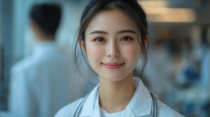 Obraz premium Asian woman wearing a white lab coat and a stethoscope around the neck, standing in what appears to be a medical or laboratory setting