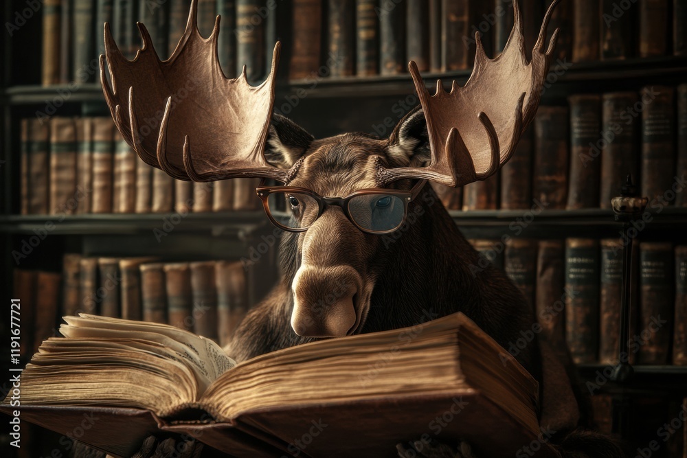 Poster moose wearing reading glasses enjoys a book in a vintage library filled with shelves and ancient tex