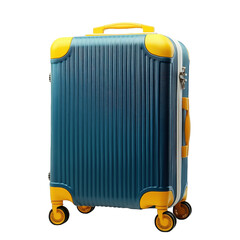 Fototapeta premium stylish. hard-shell suitcase in a blue color with yellow accents it has a ribbed texture and is equipped with four wheels for easy mobility. making it ideal for travel purposes the suitcase is designe