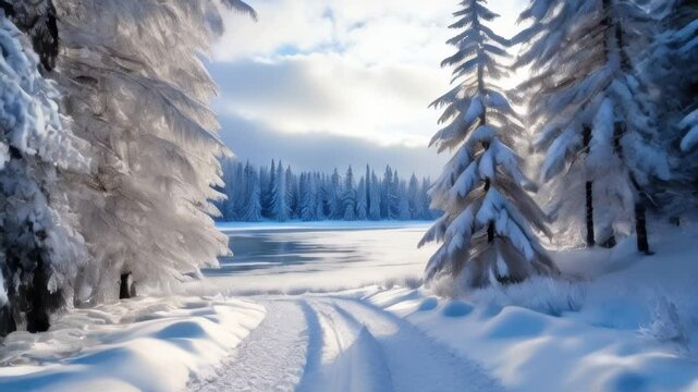 Snowy path in the woods with trees and snow on the ground